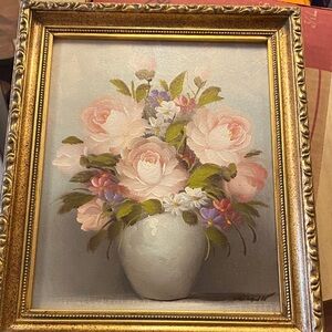 Floral Still Life Oil Painting in Pink and Green by